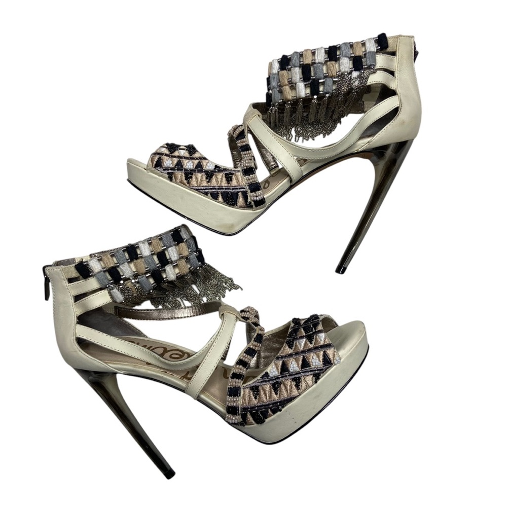 SAM EDELMAN Blakely Beaded Embroidered Metal Chain Fringe Open Toe Heels 7.5M